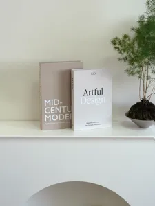 Detail view of decorative folding fake books for modern coffee table and home interior decor.