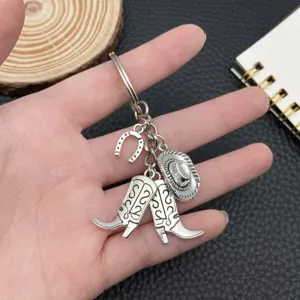 Portachiavi Western Cowboy Vintage Argento Antico Metallo Stivali Cappello Ferro di Cavallo Ciondolo Anello Chiave Borsa