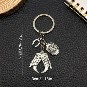 Portachiavi vintage stile western in argento antico con ciondoli stivale cappello e ferro.