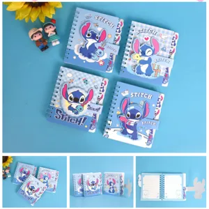 Stitch spiral notebook detail view, cute cartoon design with magnetic closure and lined pages.