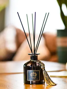 Vue détaillée d'un flacon diffuseur en verre noir élégant avec tiges et pompon doré.