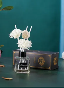 Nahaufnahme der Glas Duftdiffusor Flasche mit weißen Blumen Stäbchen und edler Box.