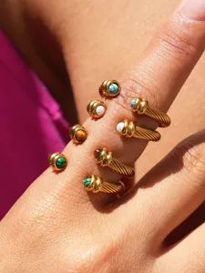 Exquisite twisted stainless steel rings set with colorful natural stones for women style.
