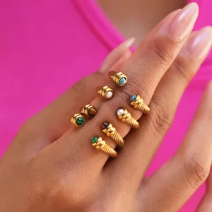Niche Gold Plated Stainless Steel Twisted Cable Open Ring For Women Vintage Natural Stone Inlaid Light Luxury Ins Style Finger Ring Jewelry Gift