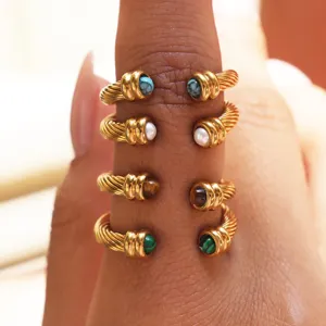 Stainless steel twisted cable ring set with natural stones and pearls for women fashion.