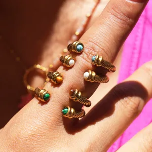 Chic stainless steel twisted rings with colorful natural stones for women fashion jewelry.