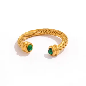 Gold twisted cable cuff bracelet with green stone terminals for women fashion jewelry wholesale
