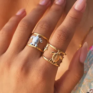 Anelli aperti tartaruga in acciaio inossidabile da donna, gioielli geometrici da dito.