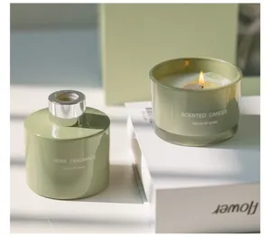Juego de vela aromática de cerámica verde y difusor de aroma para decoración del hogar.
