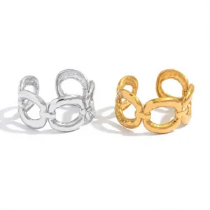 Anello aperto a catena in acciaio inossidabile, design geometrico cavo ed elegante.