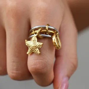Edelstahl mehrschichtiger Ring mit Seestern und Muschel Anhängern Damen Hauptansicht