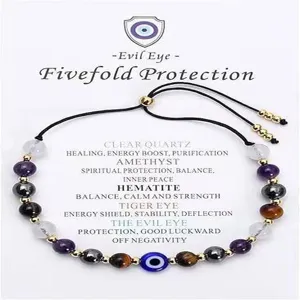 Detailed view of Evil Eye protection bracelet with Amethyst and Tiger Eye stones