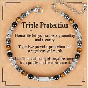 Triple protection bracelet with Tiger Eye, Hematite, and Black Tourmaline on a card