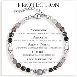 Adjustable protection bracelet featuring moonstone, labradorite, and black tourmaline beads