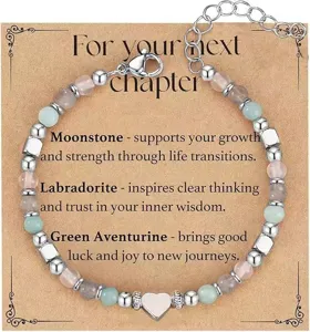 Detailed view of adjustable beaded bracelet with Moonstone and heart charm on gift card