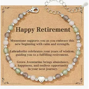 Happy Retirement beaded bracelet featuring natural moonstone, labradorite, and silver heart charm