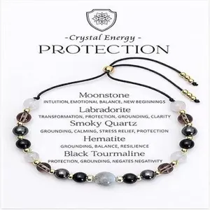 Adjustable crystal energy beaded bracelet displayed on descriptive protection card