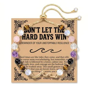 Adjustable natural stone beaded bracelet with amethyst and tiger eye on a gift card.