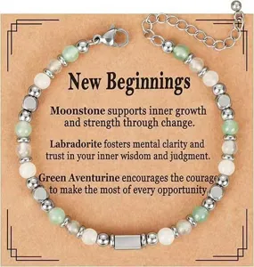 Close-up of healing crystal beaded bracelet on meaningful message card