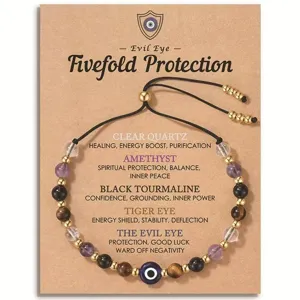 Adjustable fivefold protection gemstone beaded bracelet with evil eye display card.