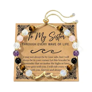 Detail view of adjustable gemstone beaded bracelet on a To My Sister gift card.
