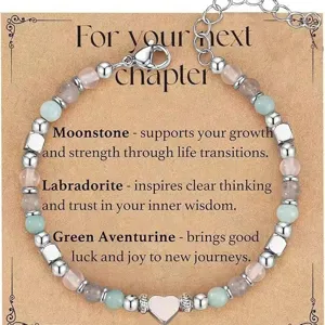Adjustable natural gemstone beaded bracelet with silver heart charm on a gift card