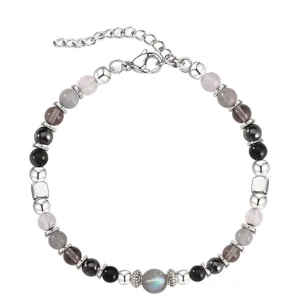 Handmade natural stone beaded bracelet with adjustable silver-tone extender chain for women