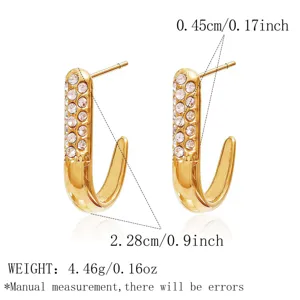 Gold J-shaped rhinestone stud earrings for women, stylish stainless steel jewelry, lightweight.