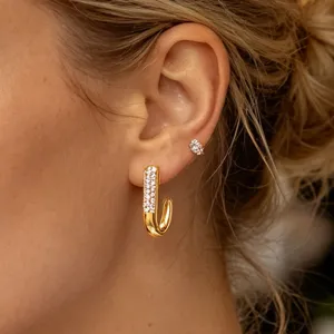 Gold J-shaped paved rhinestone hoop earrings stainless steel elegant women fashion jewelry