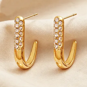 Gold J-shaped rhinestone hoop earrings, elegant stainless steel fashion jewelry for women main