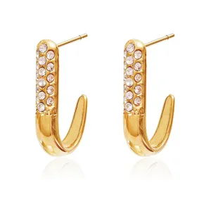Gold J-shaped crystal stud earrings for women, elegant stainless steel jewelry main image.