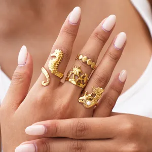 Edelstahl Offener Verstellbarer Ring Für Damen Vergoldet Seepferdchen Muschel Meerjungfrau Seestern Perle Ring Ozean Strand Resort Schmuck Geschenk