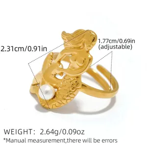 Goldener Edelstahl Meerjungfrau Perle verstellbarer Ring modernes Nischendesign Schmuck