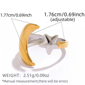 Anillo abierto de estrella luna de acero inoxidable, joyería de moda bicolor ajustable mujer.