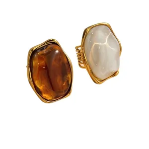 Bagues en acier titane résine ambre et blanche irrégulières vintage, bijoux de doigt.