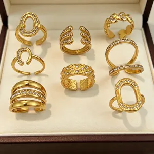 Gouden titanium staal kristal ingelegde geometrische stapelbare open ringen set voor vrouwen sier