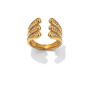 Europese luxe titanium staal diamanten ring, geometrisch open gelaagd verguld vinger sieraden.