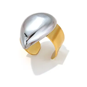 Anillo abierto bicolores de acero inoxidable gota diseño minimalista oro y plata principal