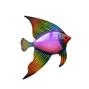 Colorful metal angelfish wall art for home decor, vibrant rainbow finish, 3D hanging ocean ornament.