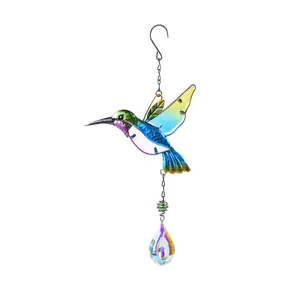 Metal and glass hummingbird suncatcher hanging ornament with crystal pendant for home decor detail view.