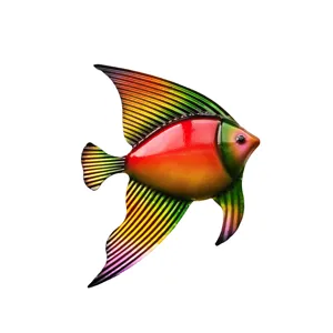Colorful metal angel fish wall art, vibrant 3D ocean marine life hanging decor for home.