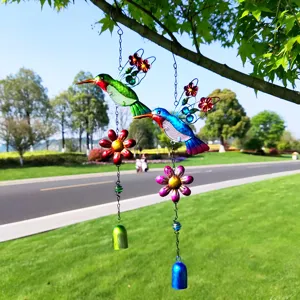 Metal hummingbird wind chime hanging decor with glass wings, colorful garden ornament outdoor.