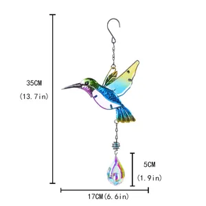Metal hummingbird suncatcher crystal hanging ornament with dimension specs for home garden decor.