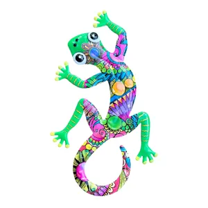 Colorful metal gecko wall art, vibrant lizard sculpture for indoor and outdoor garden decor.