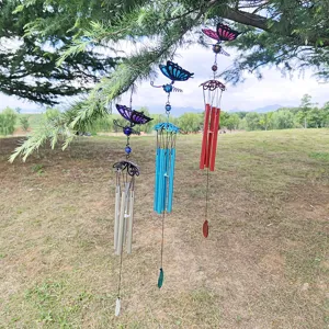 Hanging 3D butterfly wind chime with colorful glass and metal tubes for outdoor garden decor.