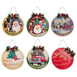 Wooden Christmas Hanging Sign Round Door Plaque With Pine Needle Bowknot Holiday Party Wall Decor