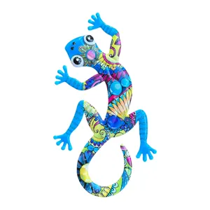 Colorful iron gecko wall decor detail, vibrant metal lizard hanging for garden art.