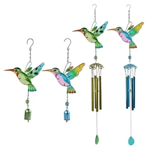 Metal Hummingbird Wind Chime Painted Glass Bell Hanging Ornament Outdoor Garden Yard Home Decor Gift
