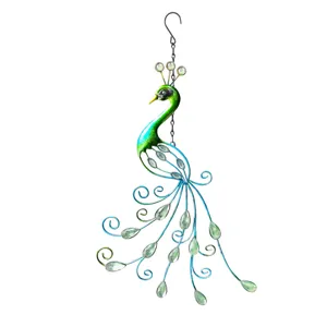 Dekorativer Pfau-Hängeornament aus Metall mit bunten Acryl-Tropfenperlen für Garten.