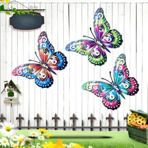 Colorful metal butterfly wall art set, iron hanging decor details for home garden display.